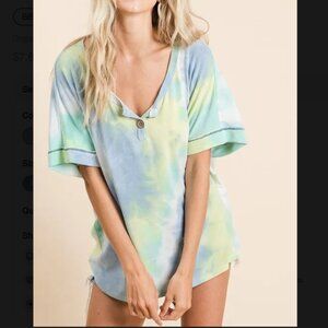 BiBi Tie Dye French Terry Top With Buttoned Placket